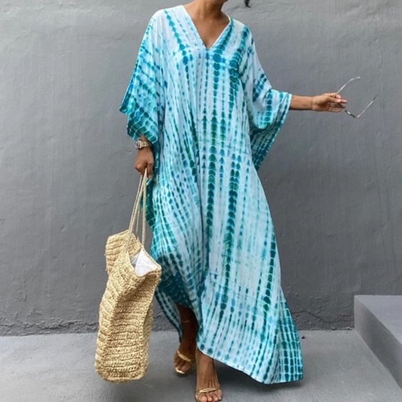 Dresses & Skirts - SOLD OUT Teal Boho Tie Dye Kaftan Kimono Coverup Dress